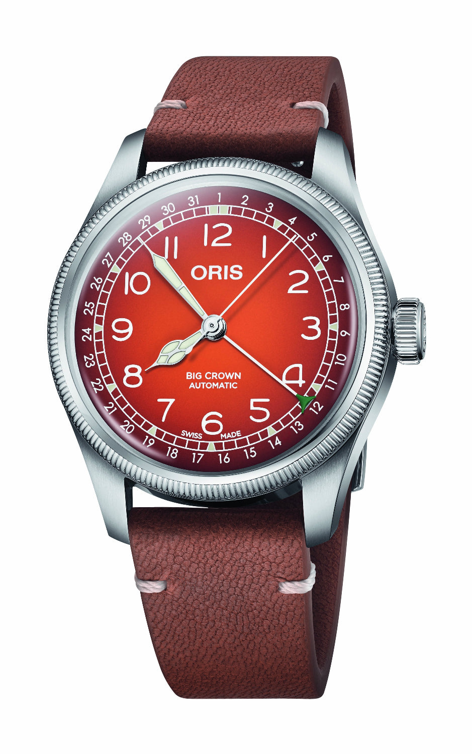 An Oris Big Crown Automatic watch featuring a vibrant red dial, silver-tone stainless steel case, and a brown leather strap with white stitching, shown against a plain white background.