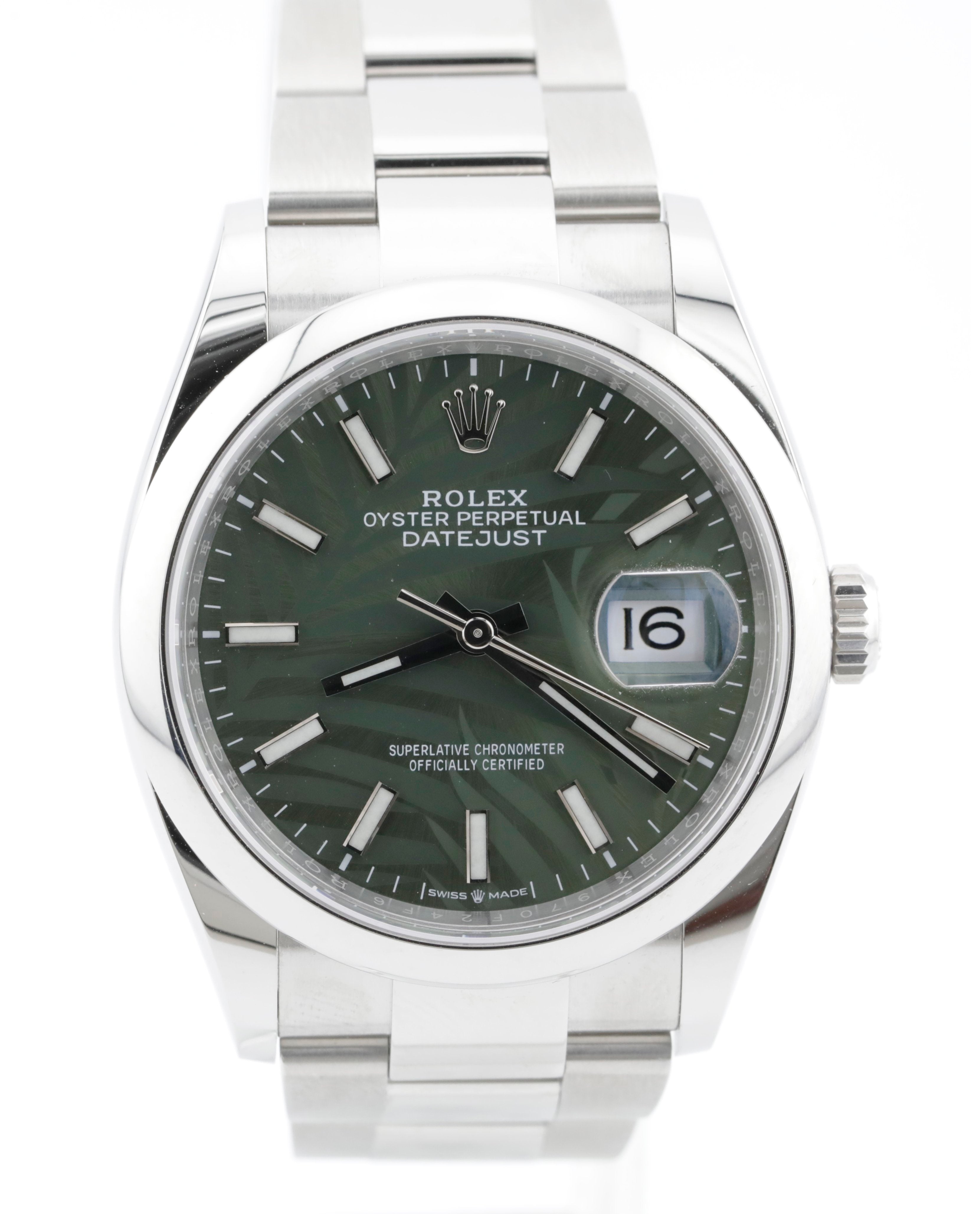 Pre Owned Rolex Datejust 36 Olive Green Palm Dial Ref# 126200