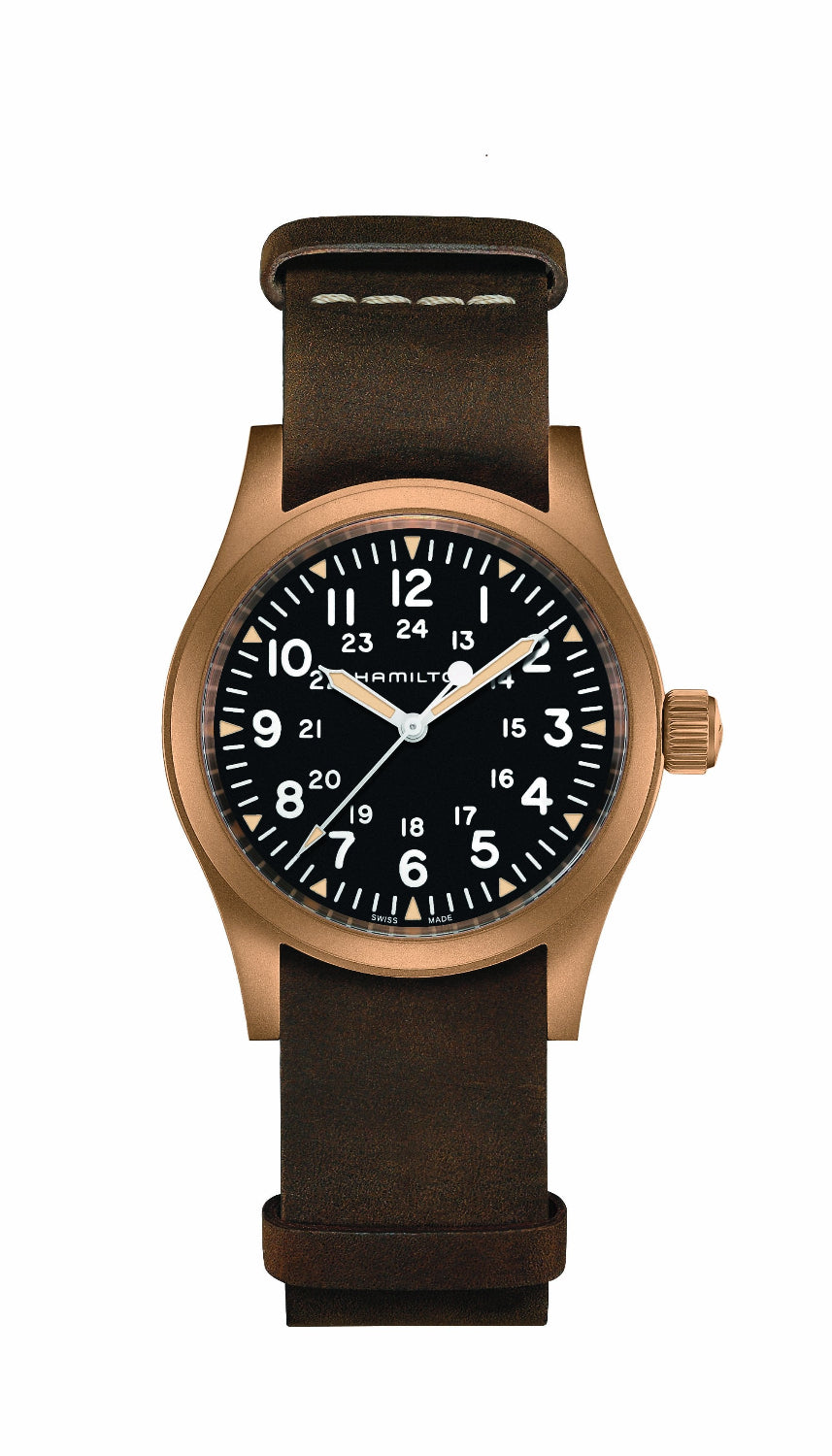 A wristwatch with a dark brown leather strap, a bronze-toned metal case, and a black dial with white numerals and hands, shown against a plain white background.
