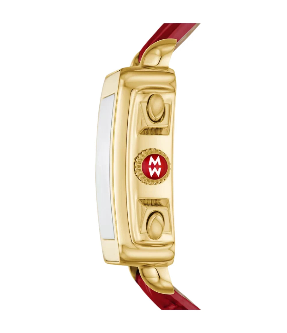 Michele Deco Sport 18k Gold-Plated Ruby Red Leather Watch Ref# mww06k000065