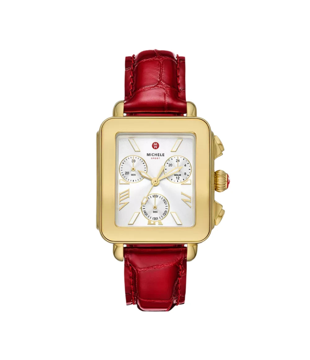 Michele Deco Sport 18k Gold-Plated Ruby Red Leather Watch Ref# mww06k000065