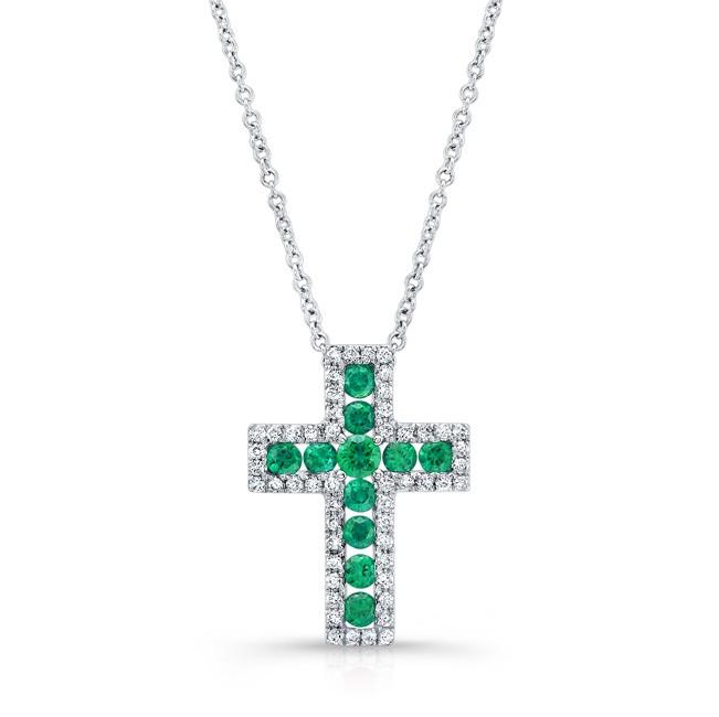 Diamond and Green Emerald Cross Pendant