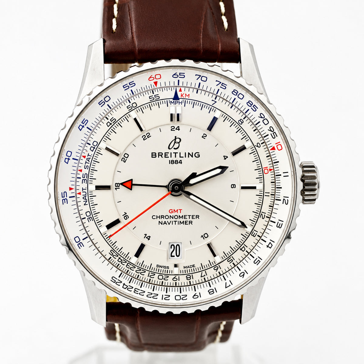 Pre Owned Breitling Navitimer GMT 41, Cream Dial, Brown Aligator Leather Strap, ref. A32310211G1P1