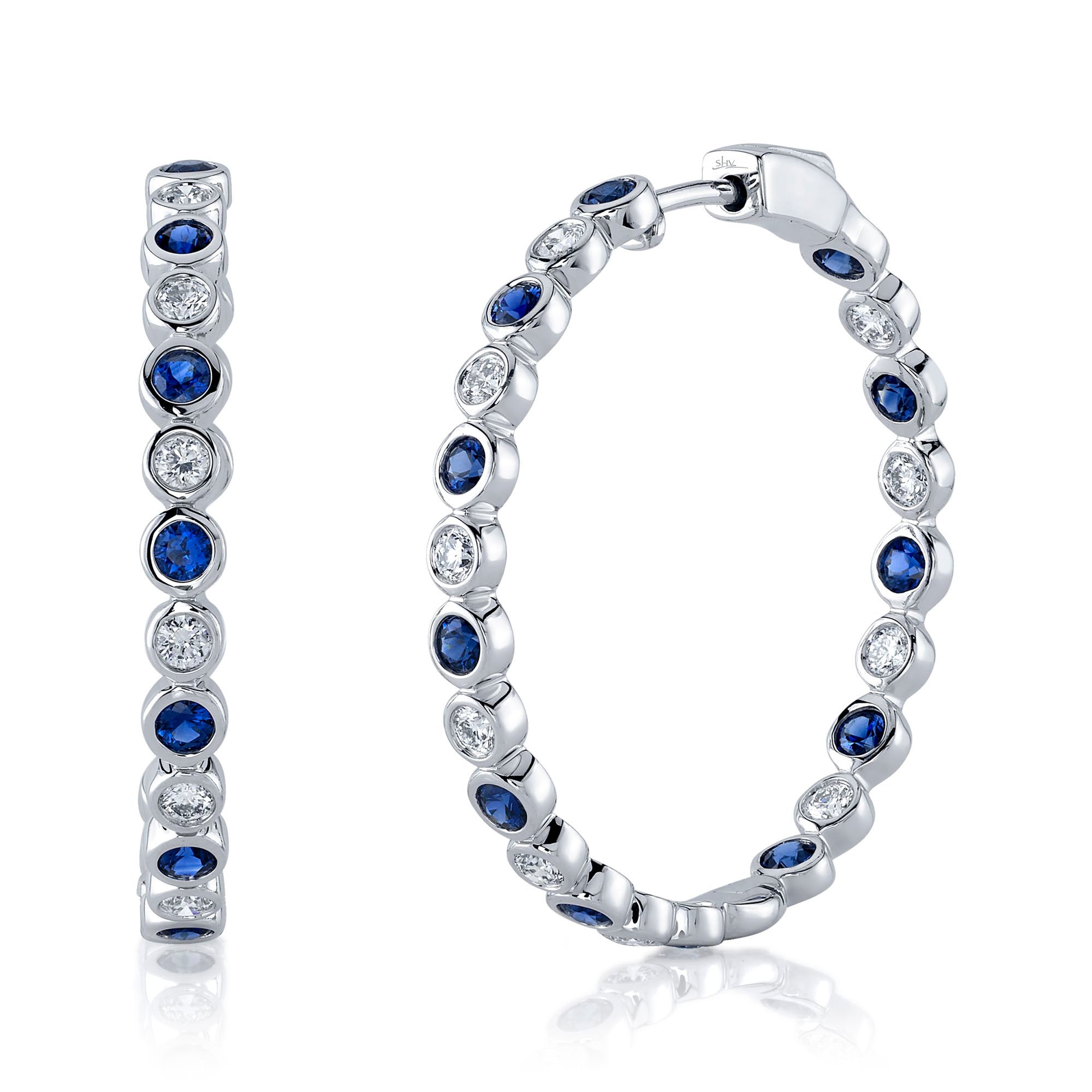 Shy Creation Diamond and Blue Sapphire Hoop Earrings