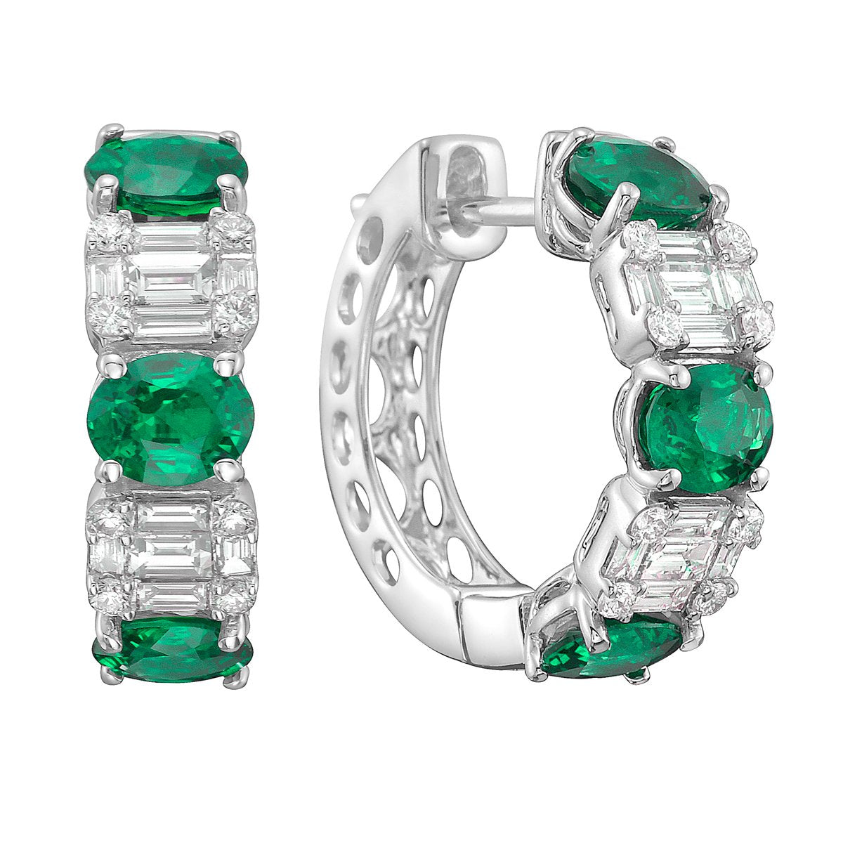 Diamond and Green Emerald Hoop Earrings