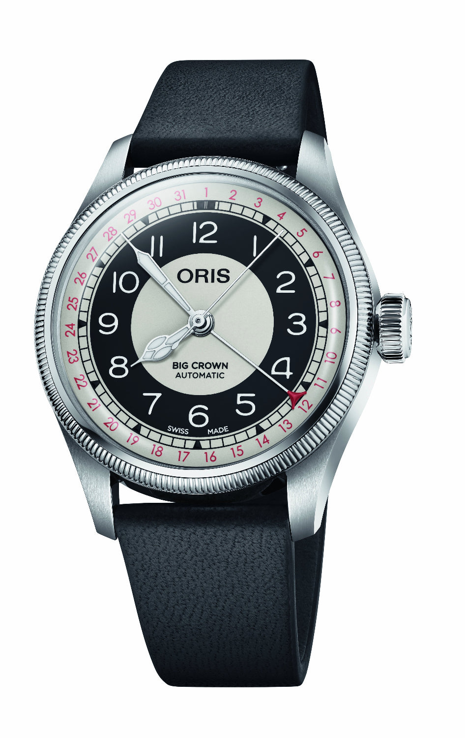 An Oris Big Crown Automatic watch with a black leather strap, silver-toned stainless steel case, and a black and white dial featuring red outer minute markers.