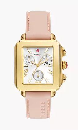 Michele Deco Sport Chronograph 36mm Gold-Plated Ballet Pink Silicone Ref# MWW06K000072