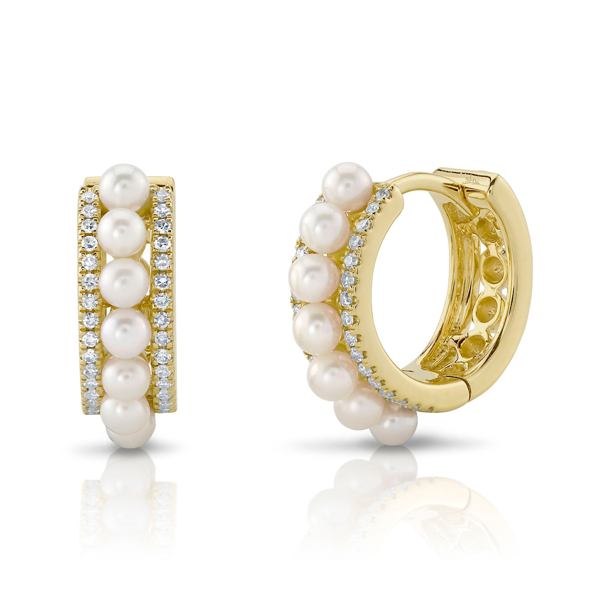 Shy Creation Diamond and Pearl Huggie Earrings