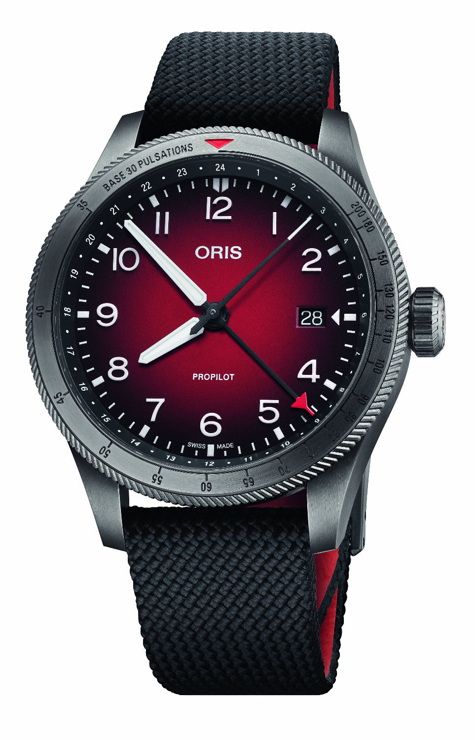 An Oris ProPilot watch featuring a dark red dial, a black textured fabric strap with red lining, and a silver-toned stainless steel case with a rotating bezel.