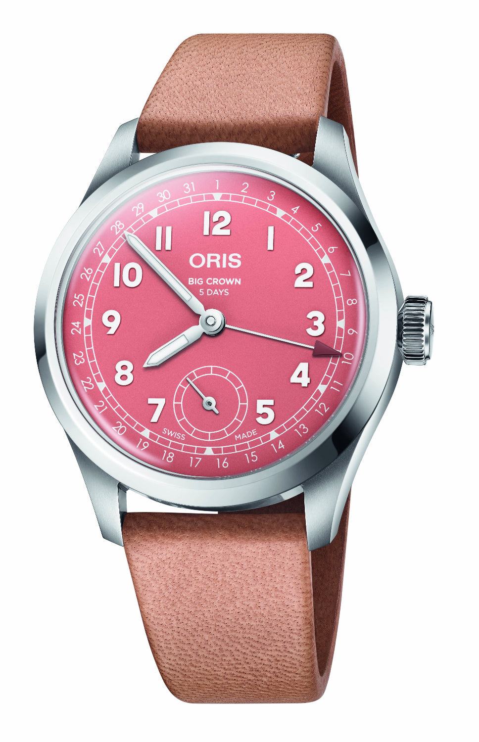 An Oris Max Crown watch featuring a vibrant pink dial, silver-tone stainless steel case, and a brown leather strap, shown against a plain white background.