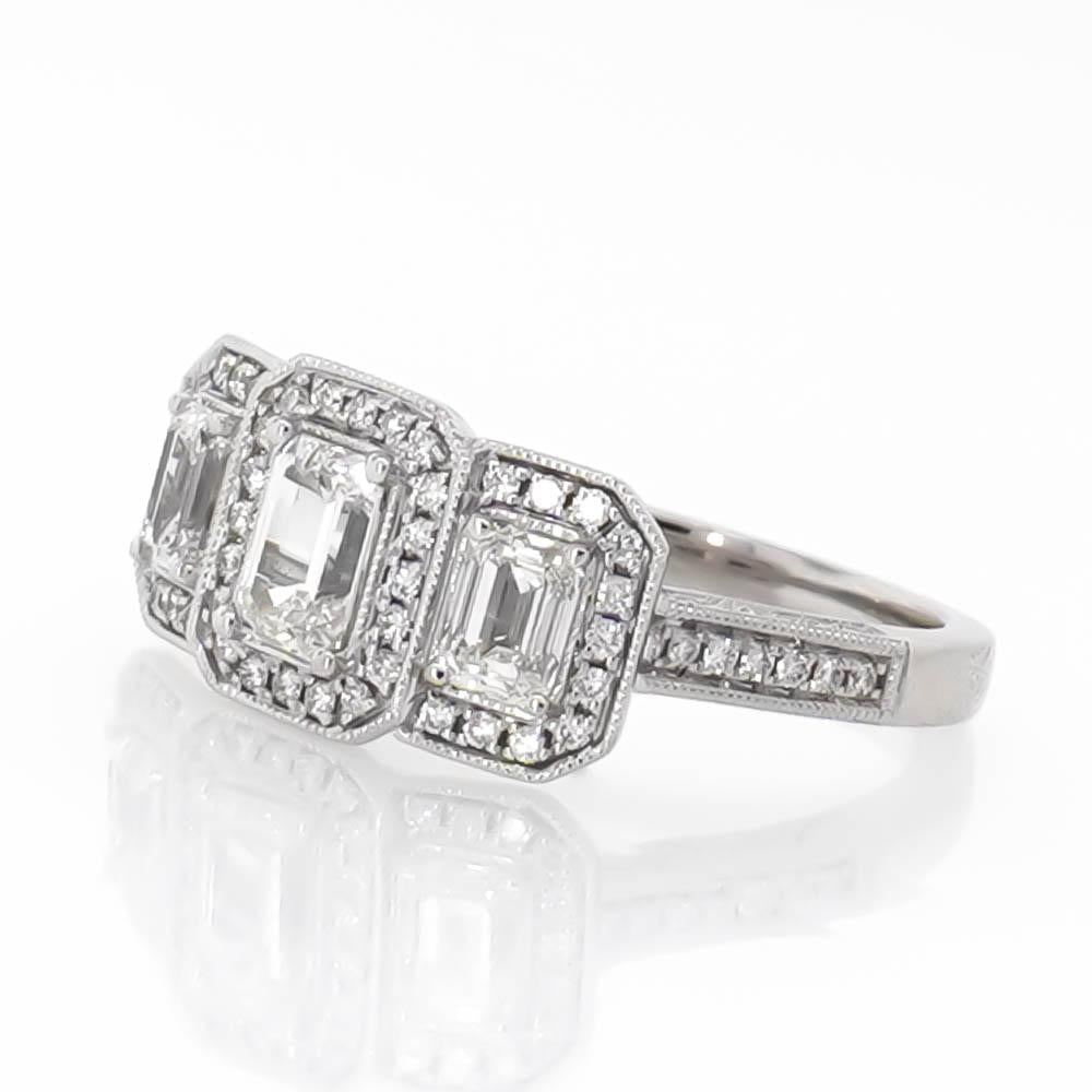 0.51ct Emerald Cut Three Stone Halo Diamond Engagement Ring