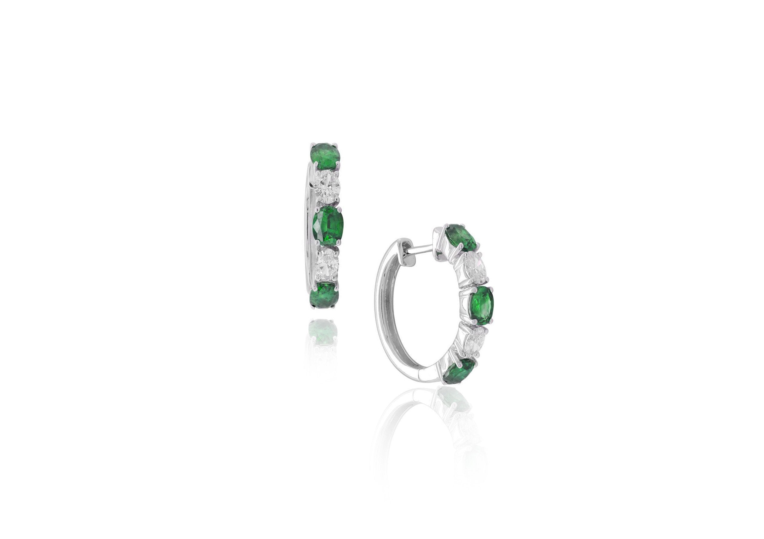 Green Emerald and Diamond Huggie Earrings