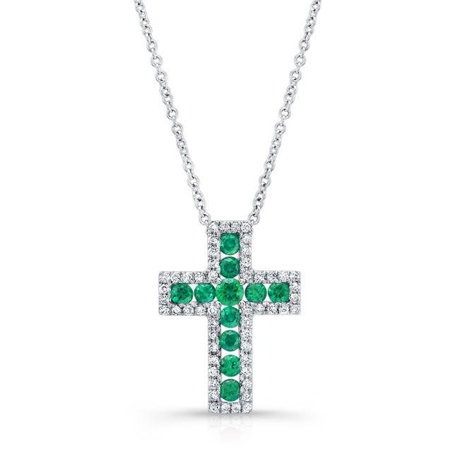 Diamond and Green Emerald Cross Pendant