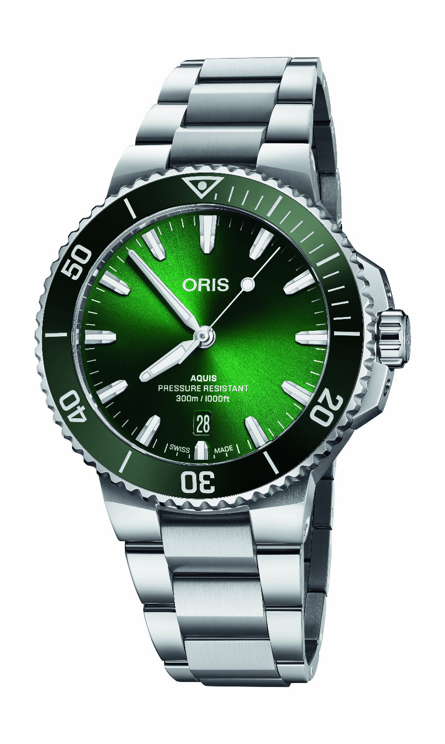 Oris watch with green dial and silver bracelet on a white background