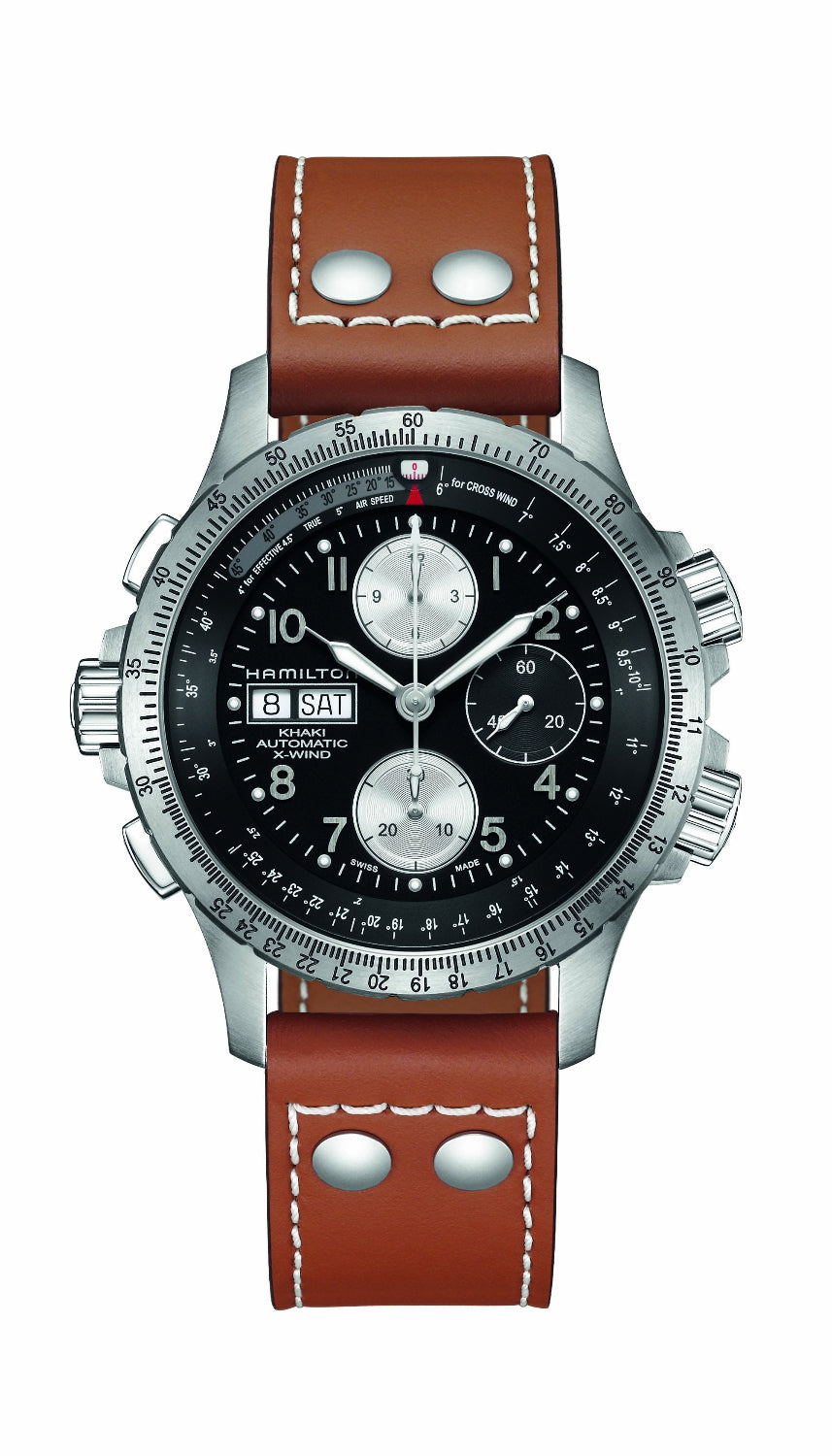 Hamilton watch with a brown leather strap, silver-tone case, and black dial on a white background.