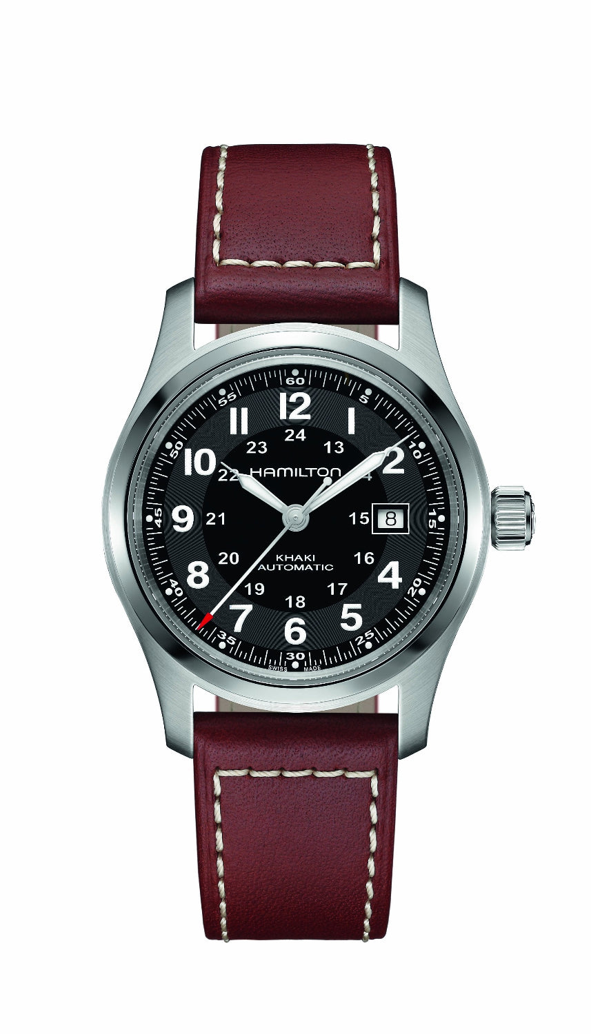 Hamilton Knavs Automatic watch with a silver stainless steel case, black dial, and a dark red leather strap with white stitching.