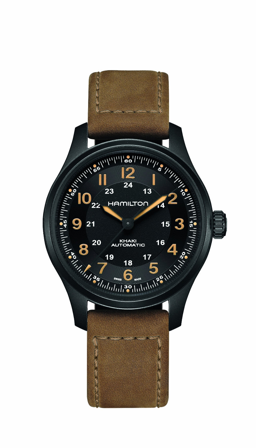 A Hamilton Swiss Automatic watch with a black case, black dial featuring orange numerals and hands, and a brown leather strap, shown against a plain white background.