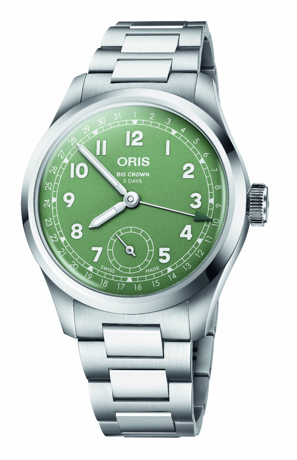 An Oris wristwatch with a silver stainless steel case and link bracelet, featuring a light green dial with white Arabic numerals and silver hands.