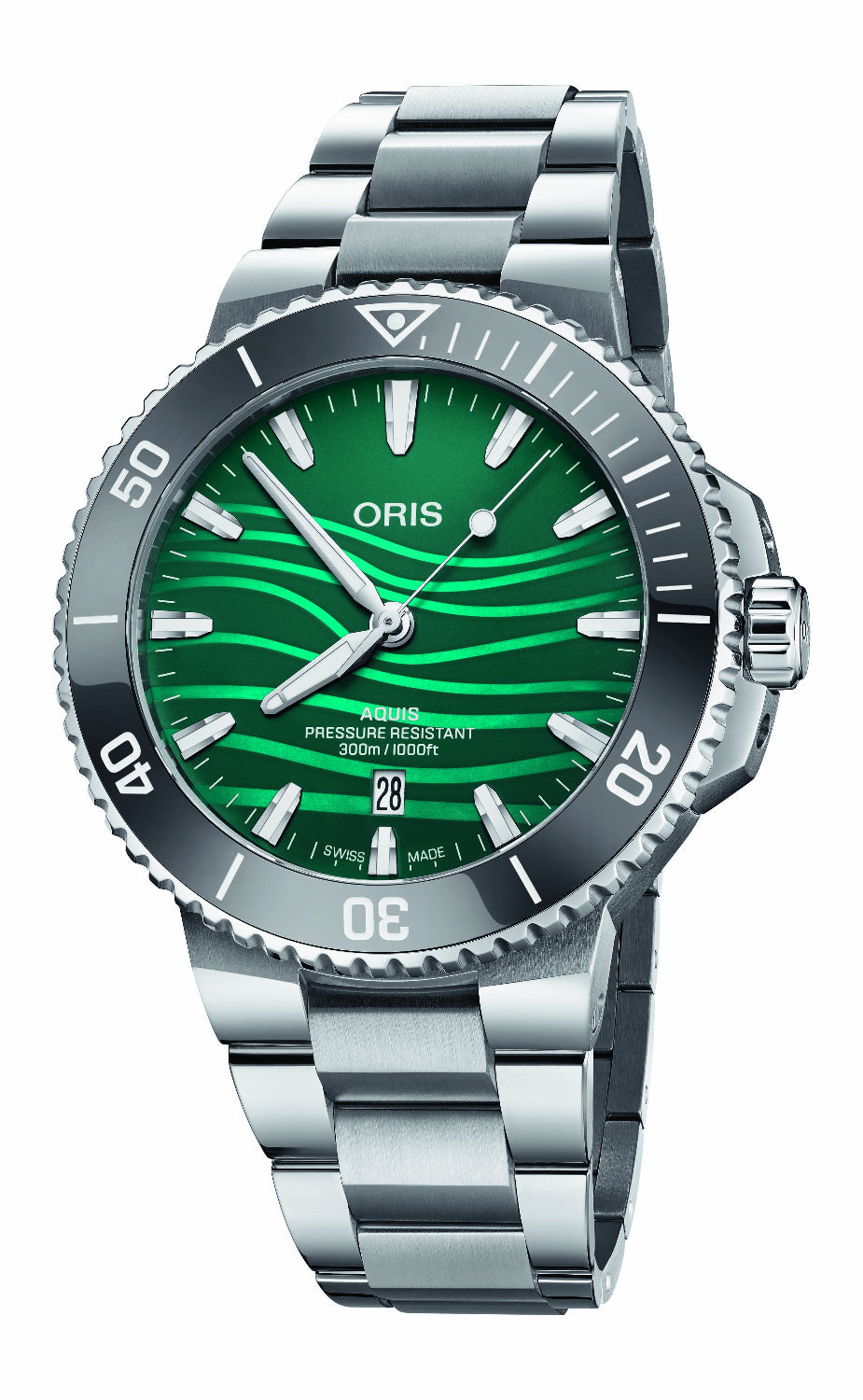 An Oris stainless steel watch featuring a vibrant green wavy-pattern dial, a black rotating bezel, and a matching steel link bracelet, shown against a plain white background.